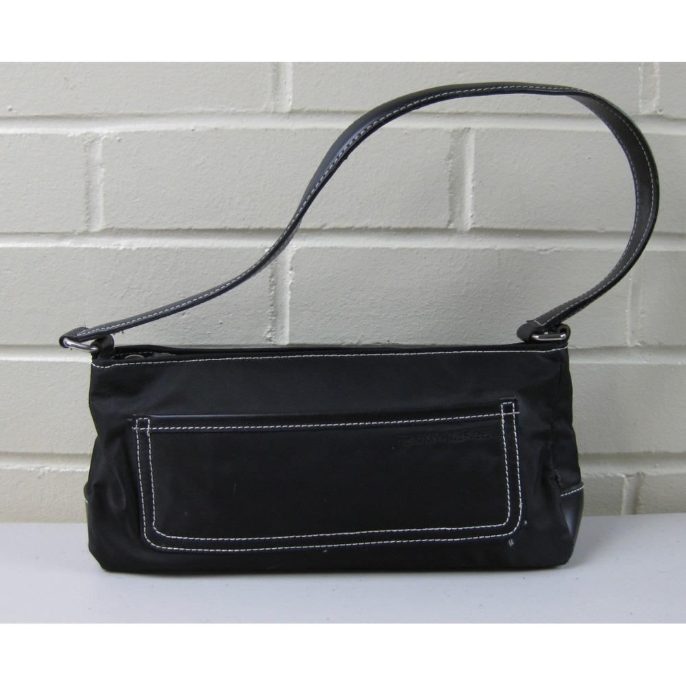 Vintage Y2K Tommy Hilfiger Mini Baguette Bag Shoulder Purse Black Nylon 2000s